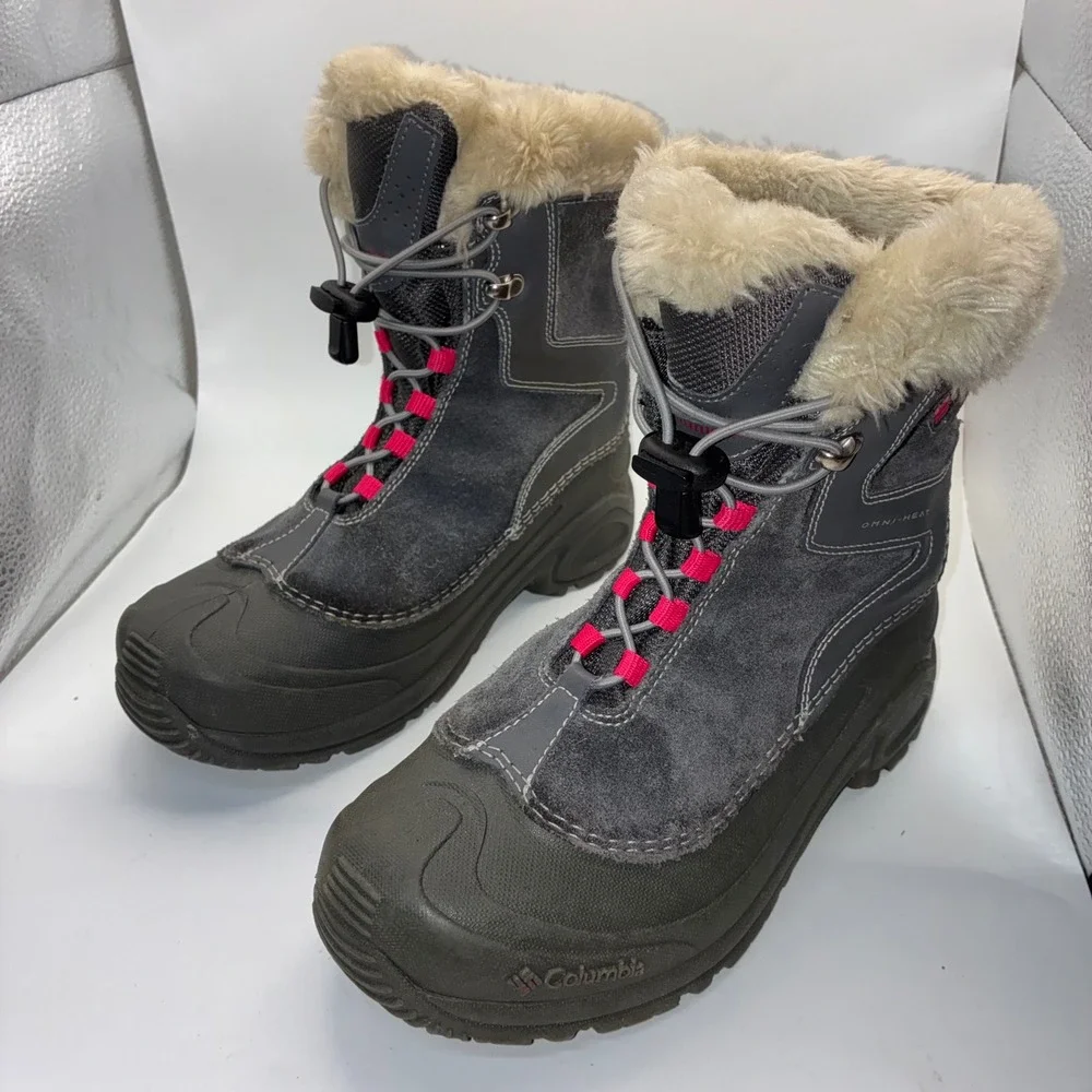 Columbia Omni-Heat Winter Boots Grey Pink Faux Fur Suede‎ Snow Boots Womens